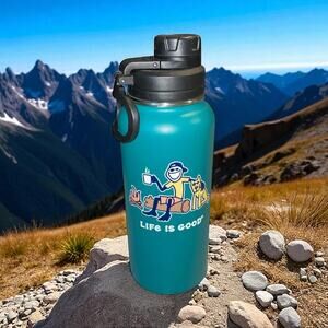 Life Is Good 32oz Stainless Tumbler Campfire Man Dog Wide Mouth Teal Travel Camp